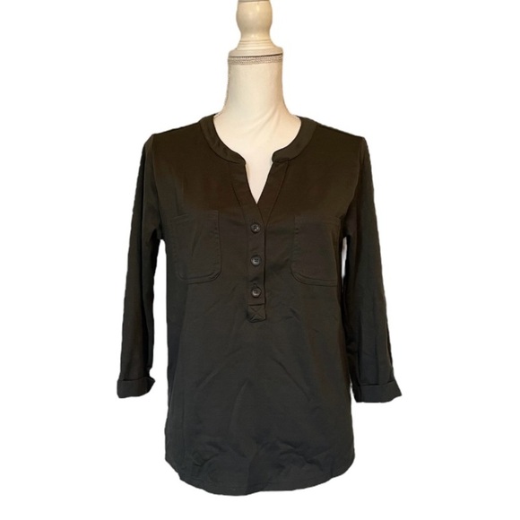 Old Navy Army Green 3/4 Sleeve Buttoned Mandarin Collar Women’s Blouse Small - Picture 1 of 14